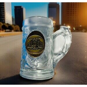 Excalibur Hotel Casino Las Vegas Nevada Glass Beer Stein Mug w/ Brass  Emblem